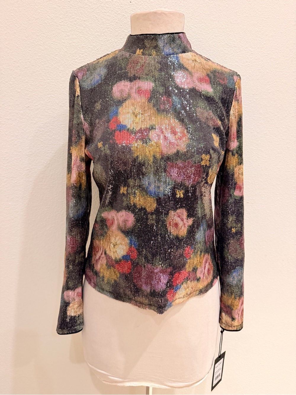 Nicole Miller Floral Metallic Mock-Neck Top - Black Multi